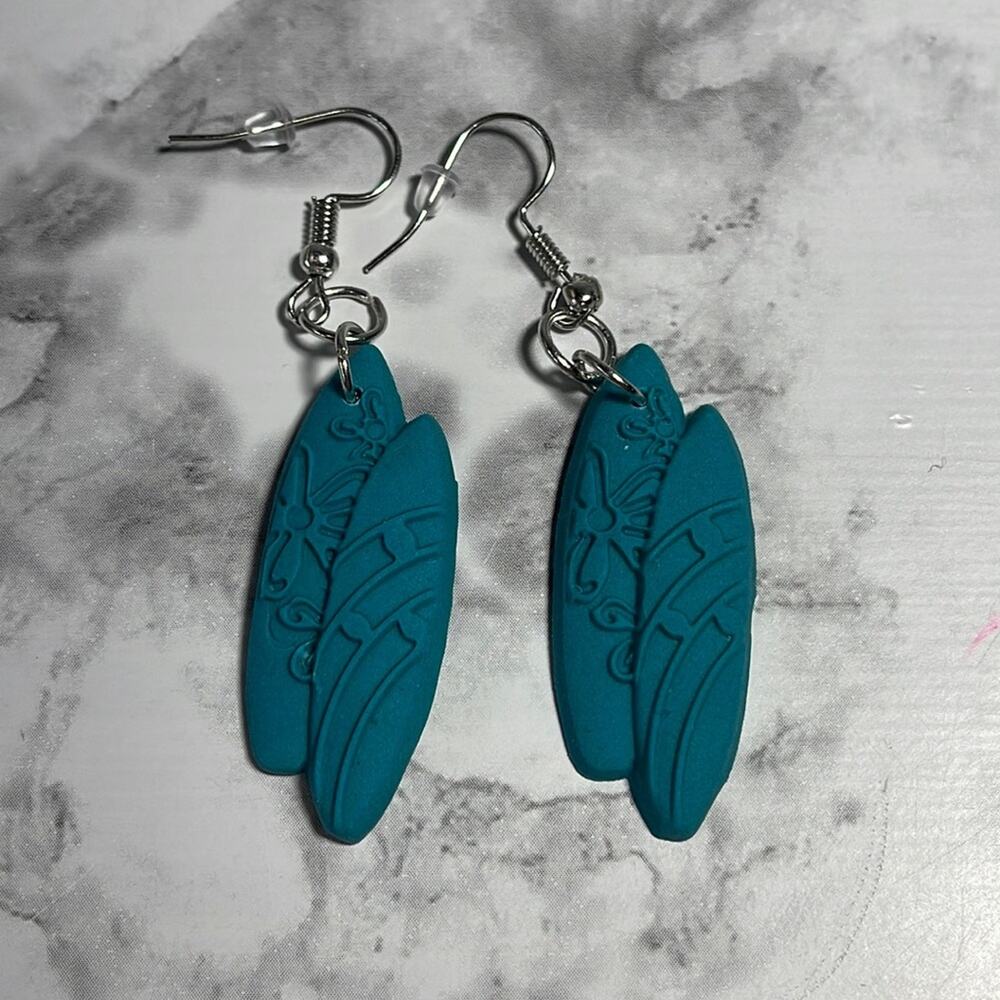Handcrafted Blue Teal Polymer Clay Surfboard Earrings With Silver Hardware NWOT
